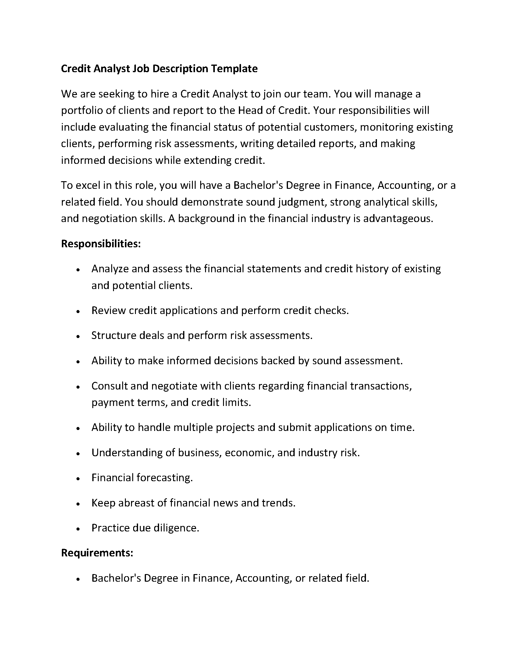 Credit Analyst Job Description Template